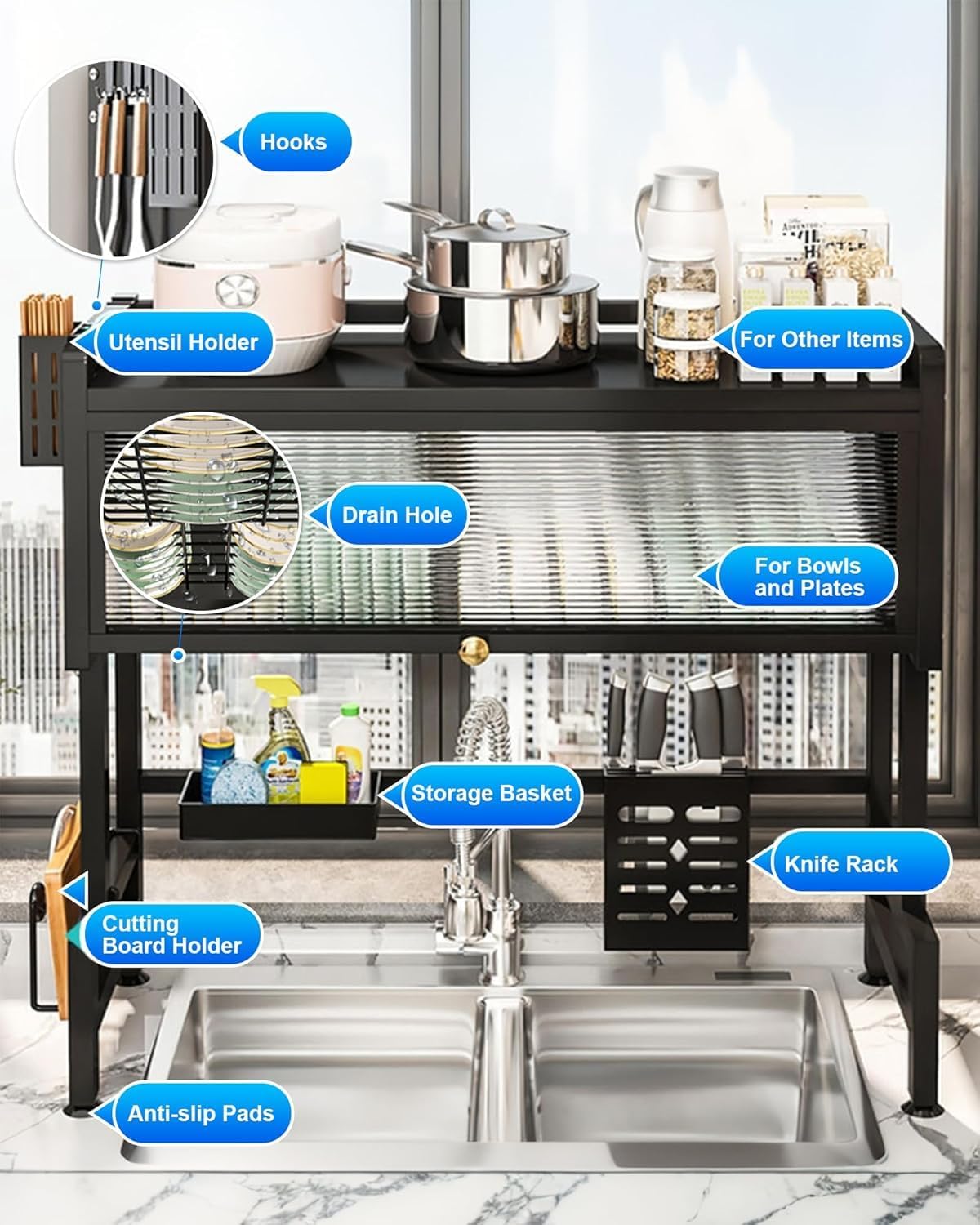 Over Sink Dish Drying Rack with Dust Proof Lid – Stainless Steel Kitchen Organizer