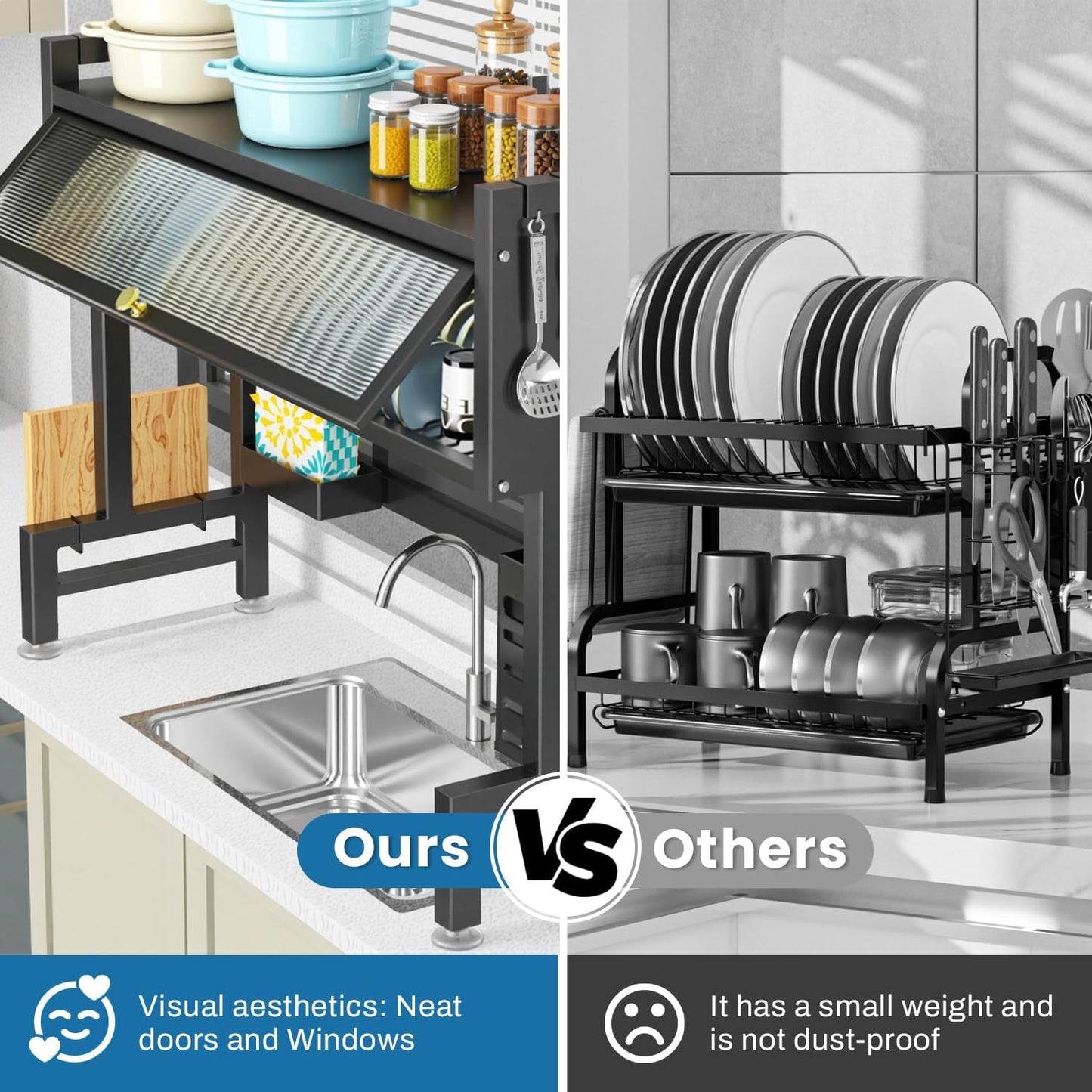 Kitchen dish rack comparison with 'Ours' and 'Others' on a kitchen counter.
