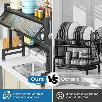 Kitchen dish rack comparison with 'Ours' and 'Others' on a kitchen counter.