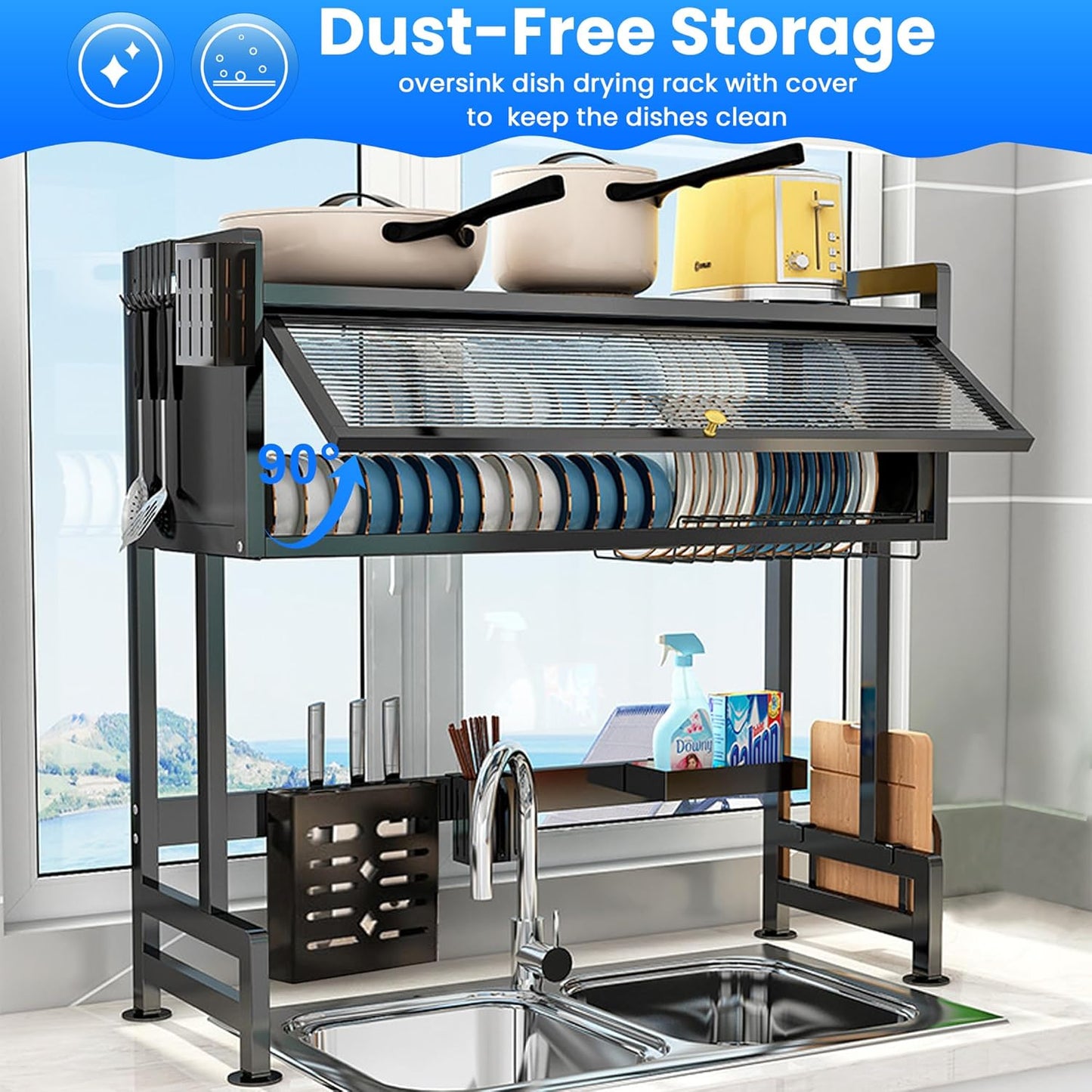 Dish drying rack with cover over a sink in a kitchen setting