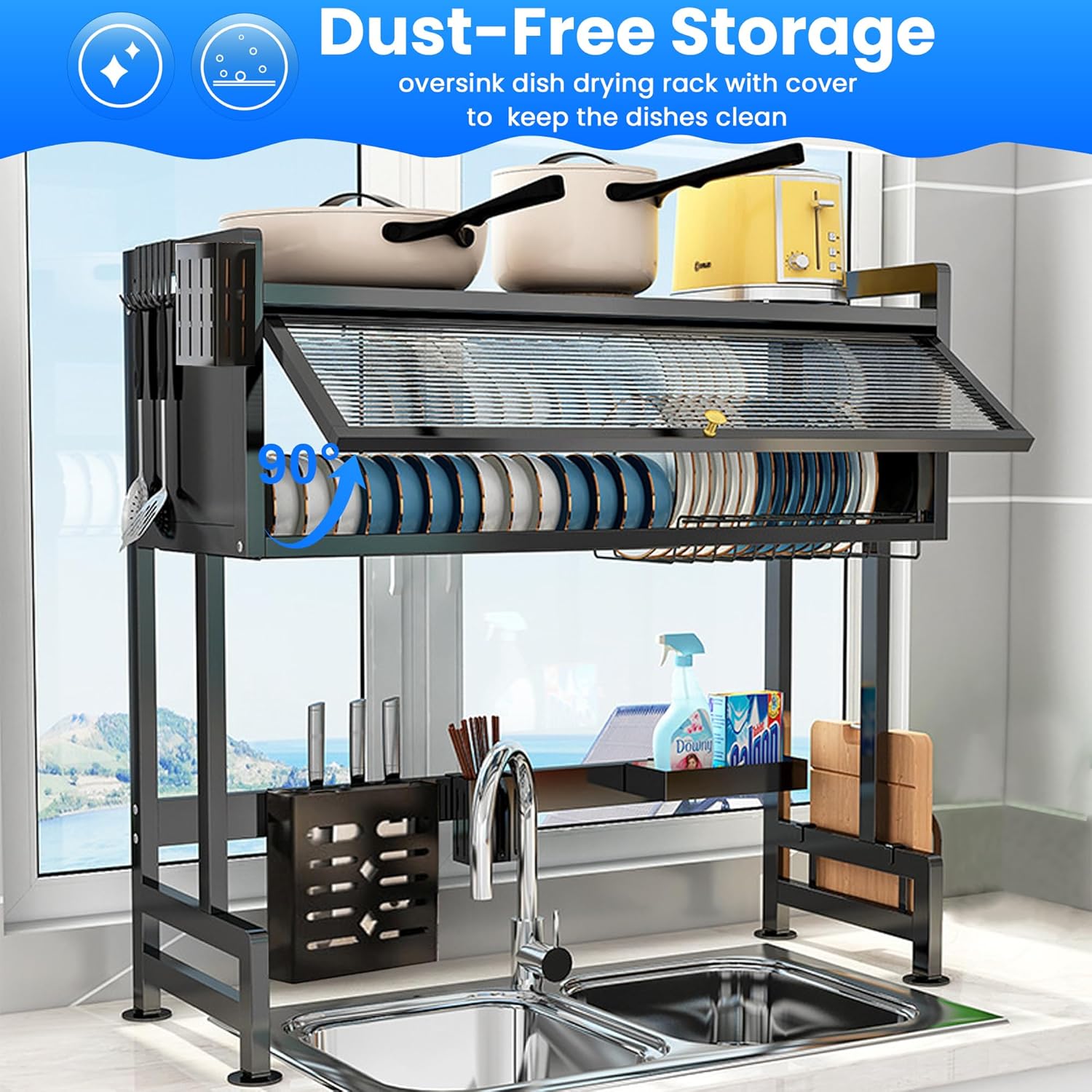 Dish drying rack with cover over a sink in a kitchen setting