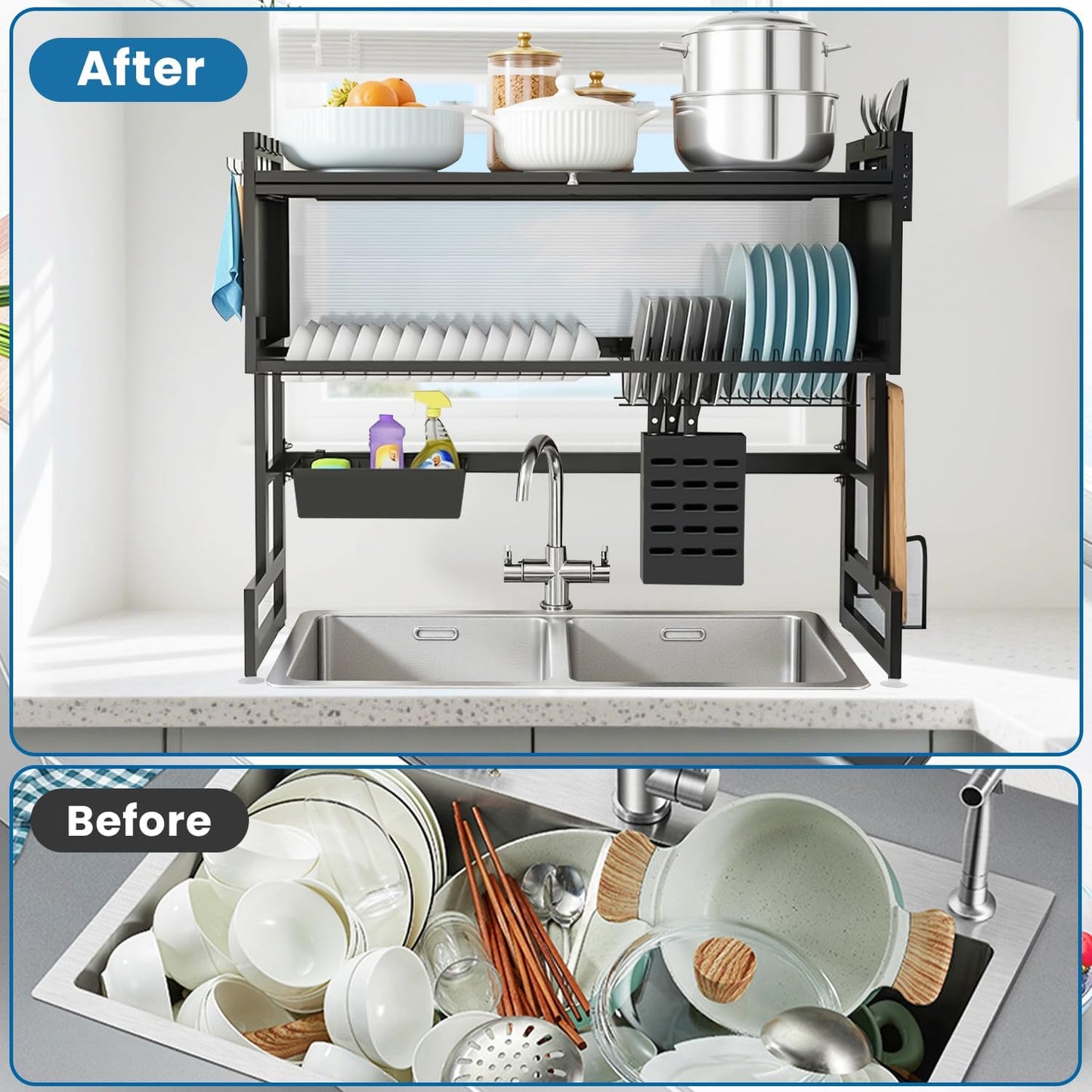 Before and after comparison of a kitchen sink with a dish rack.